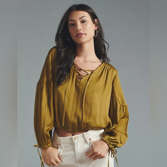 Anthropologie Tops - Anthropologie Lace Up Satin Cropped Balloon Sleeve Blouse Top Olive Moss bows